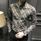 Bonsir Korean Fashion Spring Autumn Shirts Men Clothing Lapel Plaid Single Breasted Smart Casual Office Social Long Sleeve Slim Tops