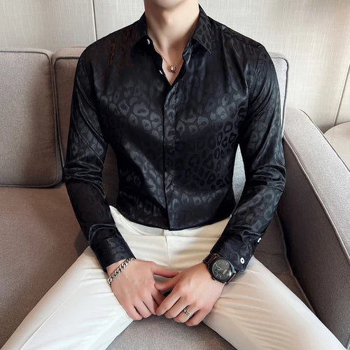 Bonsir Autumn Fashion Zebra Pattern Printed Shirts Mens Luxury Business Slim Fit Dress Shirt Male Long Sleeve Bright Formal Shirt