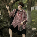 BONSIR  -  Men's Plaid Shirt Hooded Half Sleeved Fashionable Top Japanese Casual Single Breasted Short Sleeved Male Coat