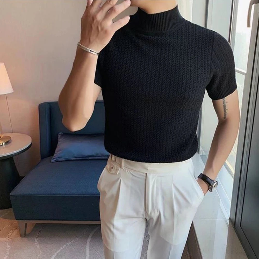 Bonsir Autumn New Short Sleeve Knitted Sweater Men Tops Clothing 2024 All Match Slim Fit Stretch Turtleneck Casual Pull Homme Pullovers