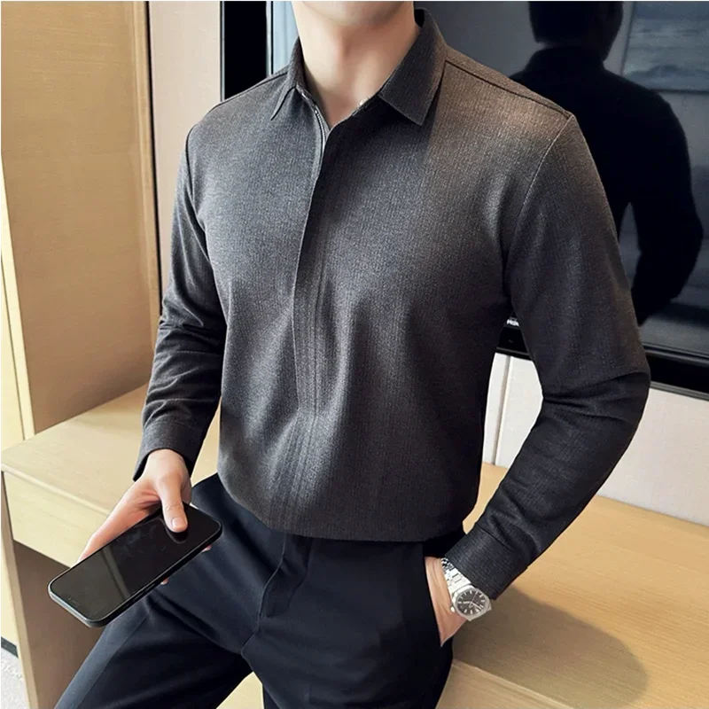 Bonsir Autumn Winter New Thick Warm Woolen Shirt High-end Zipper Design Seamless Striped Shirt Fashion Men Casual Social Party Tuxedo