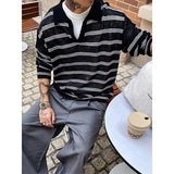 BONSIR  -  New Japanese Striped Male Polo Shirt Trendy Loose V Neck Knitted Long Sleeve T-shirt Casual Lazy Sports Fitness Basic Tops M-3XL