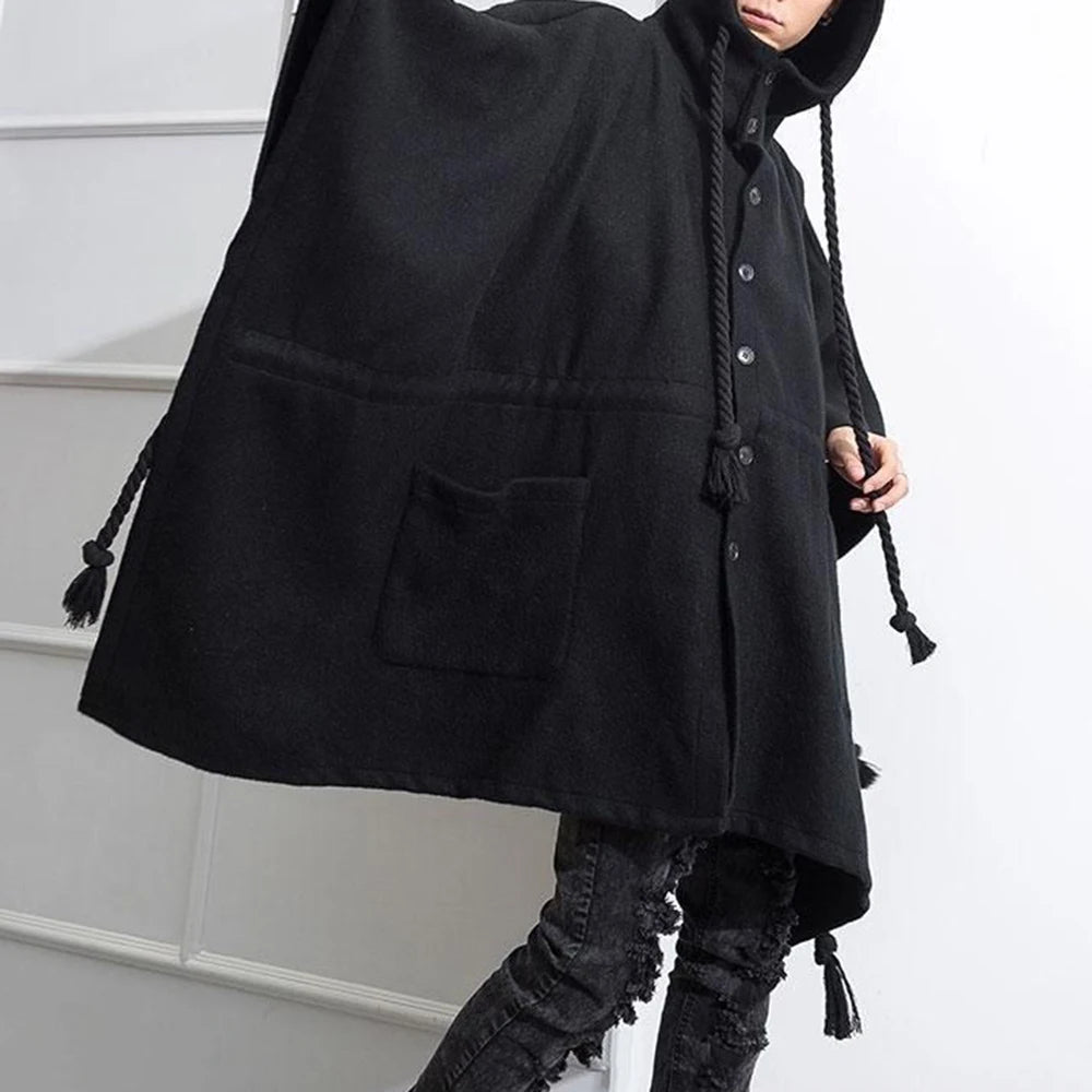 Bonsir Mens Dark Style Mid-Length Casual Hooded Cape Autumn And Winter Genderless Fashion Retro Loose Solid Color Shawl Cape Unisex