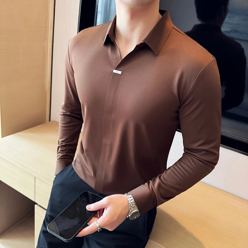 Bonsir High Elastic V-neck Non-marking POLO Shirt Autumn New Long sleeved Casual Business Solid Color T-shirt Men's Clothing