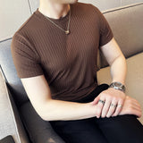 Bonsir Summer Men Ice Silk Short Sleeved T-shirt Fashion Stripes O-Neck Slim Fit Casual Elastic Tee Tops 4XL-M Streetwear
