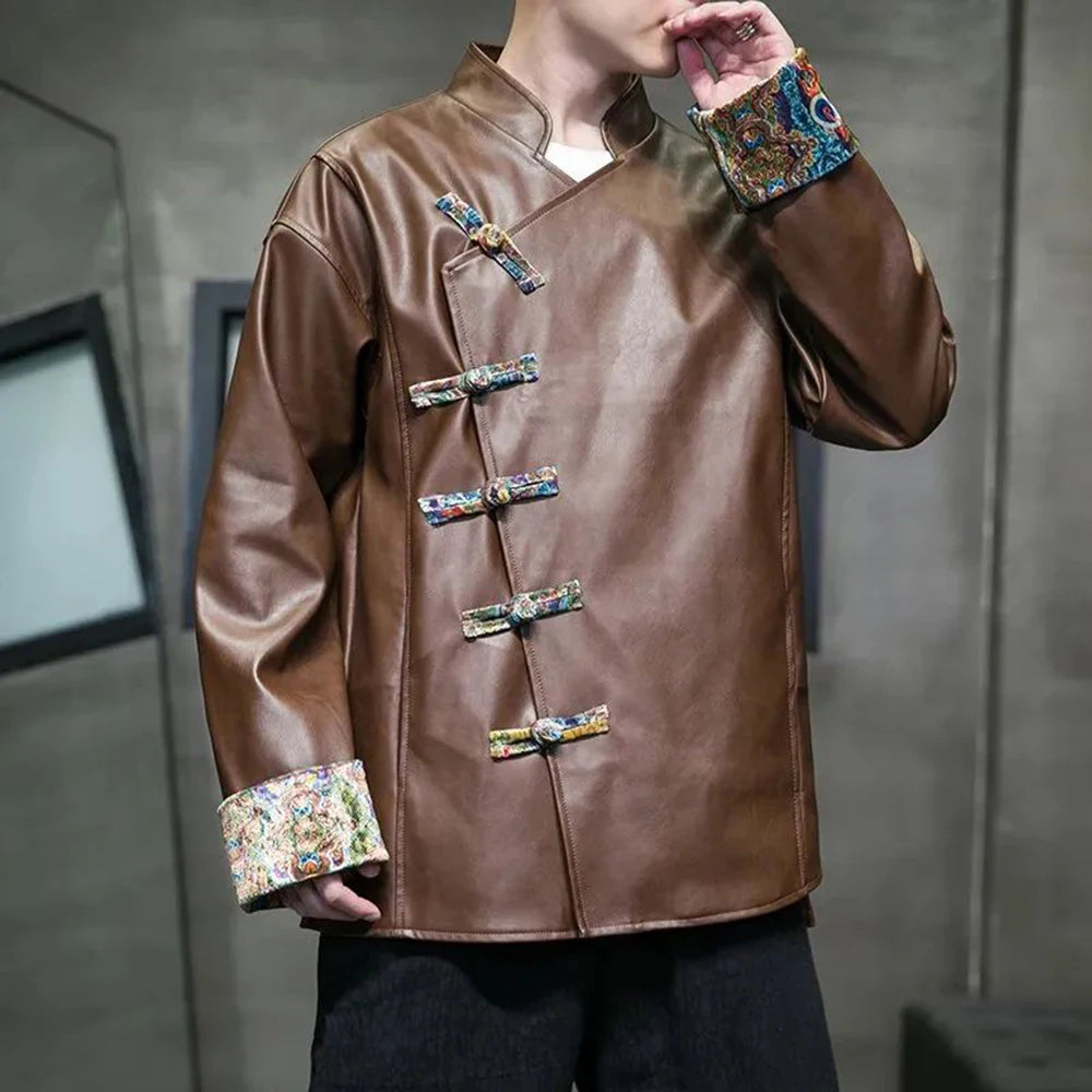 Bonsir Mens Chinese Style Loose Casual Leather Jacket Autumn Winter Genderless Fashion Retro Splicing Cheongsam Button Leather Jacket