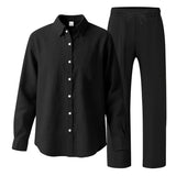 BONSIR  -  Summer Casual Mens Linen Two Piece Suits Leisure Breathable Long Sleeve Shirt And Trousers Men Outfits Fashion Solid Color Sets
