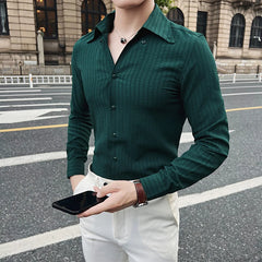 Bonsir Autumn Winter British Style V-neck Striped Shirt Men Slim Fit Casual Shirts Fashion Business Social Formal Dress Shirts 4XL