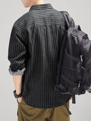 Bonsir Denim Jackets Men Striped Japanese Retro Style Long Sleeve Baggy Handsome Popular Pockets Advanced Casual Techwear Vitality