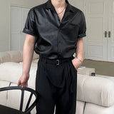 BONSIR  -  Men Shirt Pu Leather Casual Shirt Summer Streetwear Fashion Nightclub Ballroom Stage Performance Short-Sleeve Top Men'S Clothing