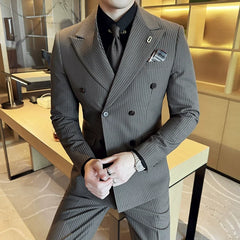 Bonsir (Jackets+Pants+Vest) Luxury Stripe Men Suit High Quality Double Breasted Elegant Fashion Tuxedo Formal Groom Wedding Social Suit