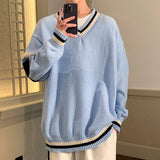 BONSIR  -  Preppy V-neck Sweater for Men Couples Pullovers Ins Knitted Top Autumn Korean Trendy Loose-fit Line Clothes for Students Youth