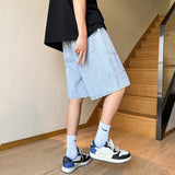 Bonsir Summer New High Street Casual Versatile Denim Capris Elastic Waist Men's Korean Style Loose Wide Leg Large Pocket Shorts