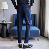 Bonsir England Style Men's Casual Striped Suit Pants Stretch Business Casual Long Slim Fit Trousers Black Blue Pencil Pants for Man