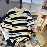 BONSIR  -  Casual Striped Men's T-shirt Japanese Retro Loose Male Short Sleeved T Shirt Summer Round Neck Casual Preppy Style Tee