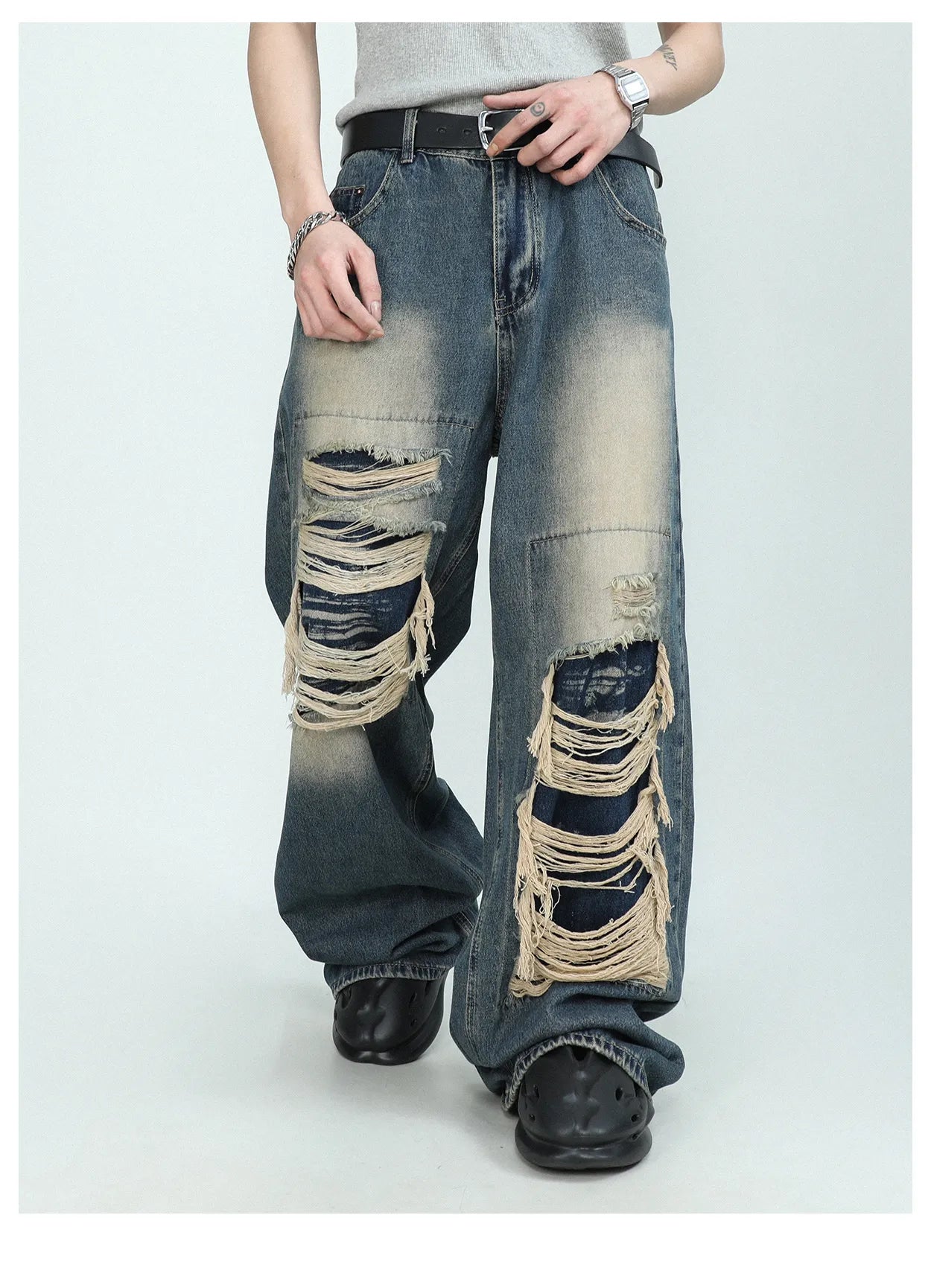 Bonsir American High end Perforated Denim Pants for Men's Design Sense Small and Loose Wide Leg Straight Leg Pants hiphop