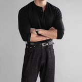 BONSIR  -  New American Fashion Men Henry Collar T-shirt Light Luxury Solid Color Long Sleeve Tops Leisure Light Business Basic Shirt M-3XL