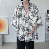 Bonsir Mens Shirts Floral Print Casual Shirts Summer Trend Streetwear Versatile Youth Breathable Five-Point Sleeve Tops Men'S Clothing