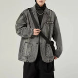 Bonsir Suit Jacket Mens Japanese Fashion Trend Retro Washed Denim Jacket Autumn New Casual Niche Distressed Suit Collar Jacket Top