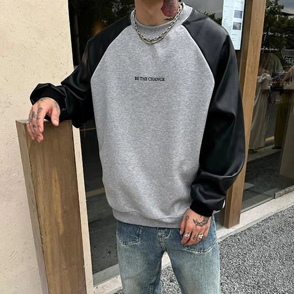 Bonsir Mens Y2k Contrast Pu Leather Raglan Sleeves  Sweatshirt Autumn And Winter Genderless Casual Loose Splicing Sweatshirt Unisex