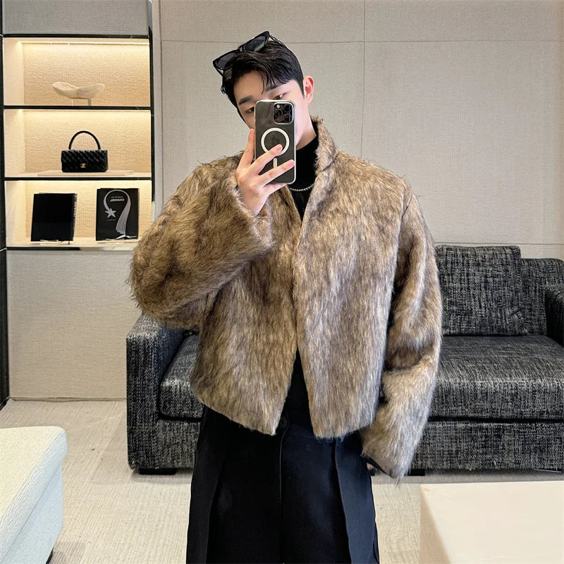 Bonsir Autumn Winter Men's Faux Fur Loose Stand Collar Fleece Thickened Solid Color Covered Button New Trendy Male Jackets