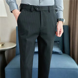 Bonsir Spring New Fashion Striped Suit Pants Mens Elastic Waist Casual Pants Formal Business Office Social Trouser Plus Size 38 36