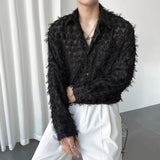 Bonsir Men's Autumn Tassel Feather See-Through Sexy Shirt New Trendy Nightclub Style Loose Lapel Long-Sleeved Simple Solid Shirt