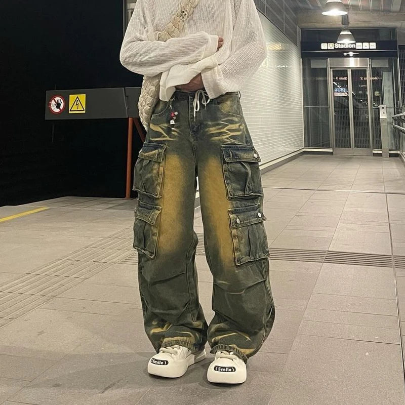 Bonsir Y2k Hip Hop Retro Streetwear Mens Jeans Distressed Faded Washed Oversized Pockets Loose Cargo Pants High Street Wide Leg Pants