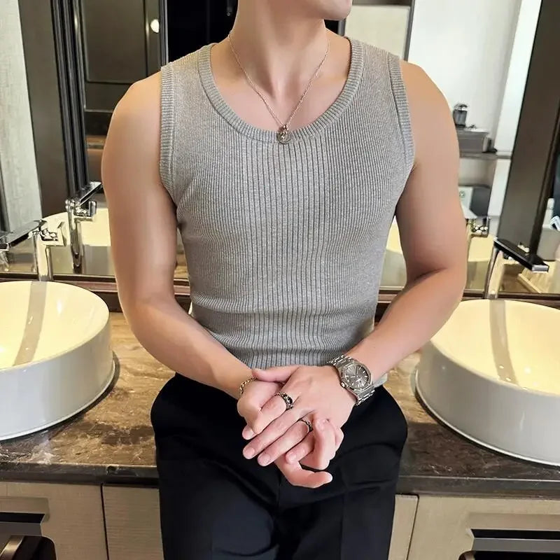 Bonsir Knitted Tank Top Men Sleeveless Tight Fit Sports T-shirt Fashion Stripe Slim Fit Versatile Round Neck Knitted Bottom Shirt Vests