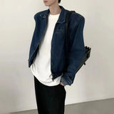 Bonsir Mens Autumn College Style Simple Y2k Niche Short Denim Jacket Fashion Youth Trend Retro Washed Shoulder Pad Cardigan Jacket Men