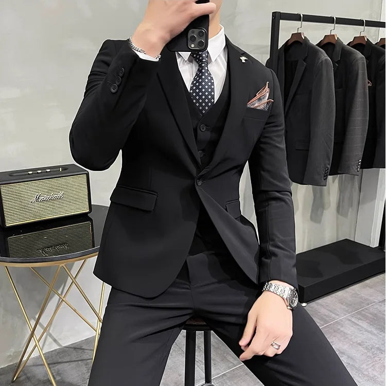 Bonsir (Jacket +Vest+Pants) New Mens Wedding Suits Groom Solid Color Formal Office Business Slim Fit Suit Tuxedos 3-Pieces Set