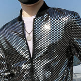 Bonsir Plus Size 5XL-M Summer Thin Sun Protection Clothing Coat Korean Style Fashion Sequins Casual Slim Jacket Silver Stage Costumes