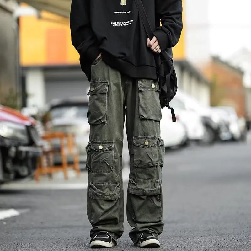 Bonsir Multi-pockets Cargo Pants Streetwear Hip-hop Mopping Trousers Harajuku Tooling Pant Men's Vintage Loose Casual Jogging Pants