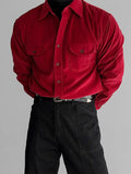 BONSIR  -  Burgundy thin corduroy shirt men's flip double patch pocket high-end mature long-sleeved red shirt men Autumn clothes