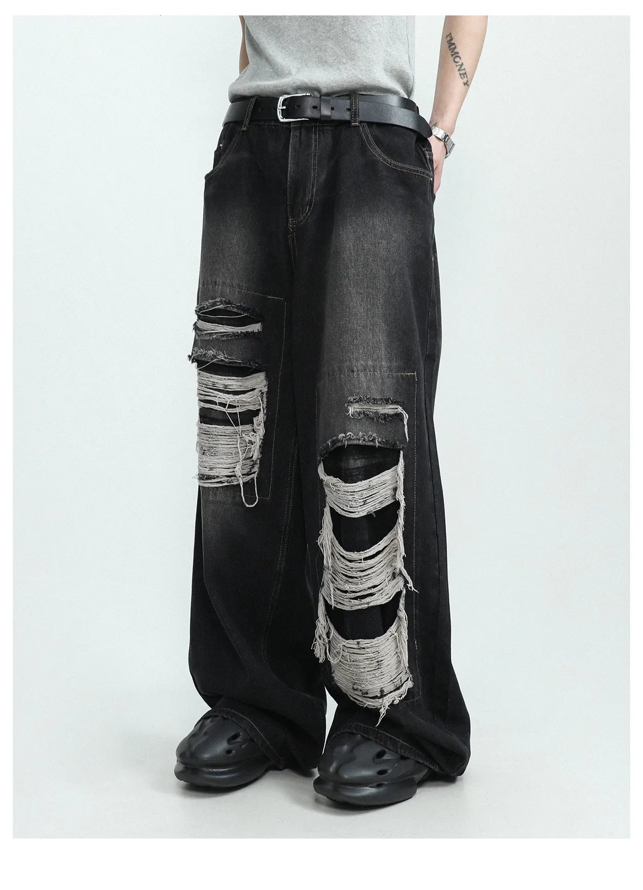 Bonsir American High end Perforated Denim Pants for Men's Design Sense Small and Loose Wide Leg Straight Leg Pants hiphop