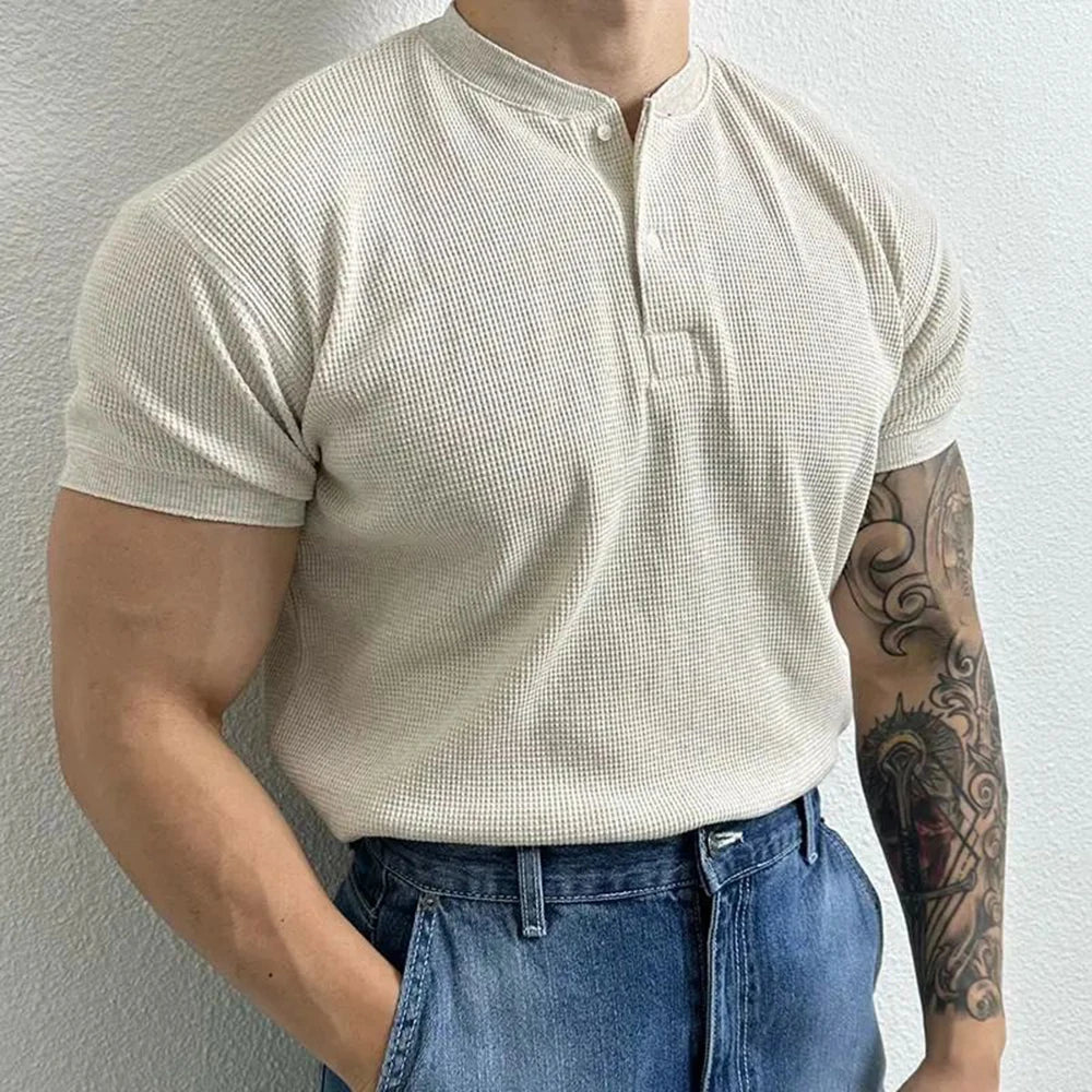 Bonsir Large Size Casual Short Sleeve T-shirt Men's Loose Tops Harajuku Summer New High Quality Waffle Henley Collar Skinny Pullover