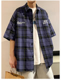 BONSIR  -  Y2k Streetwear Striped Plaid Shirt Men Single-breasted Square Collar Shirts Summer Fashion Casual Camisa Men Chemise Tshirt