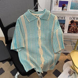 Bonsir Retro striped knitted cardigan short sleeved shirt for men and women summer trend loose casual street short sleeved T-shirt top