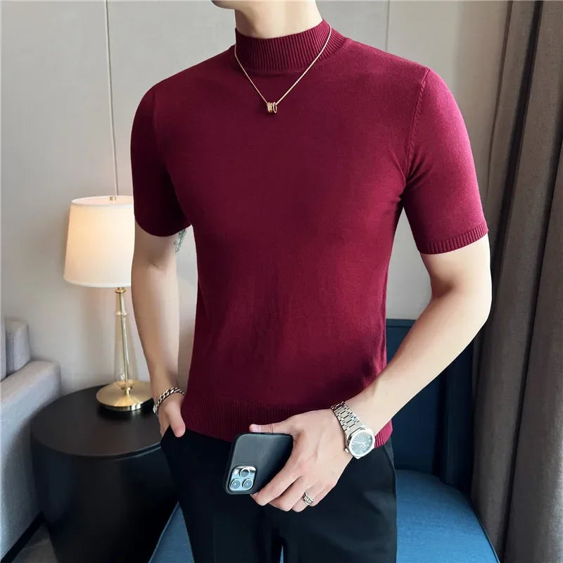 Bonsir Autumn Men's Half Turtleneck  knitted T Shirts Korean version Slim Fit Solid Pullovers Elastic Casual Thin Sweater Men Clothing