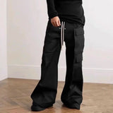 Bonsir Wide Leg Drawstring Black Cargo Pants Unisex Straight Baggy Casual Overalls Men's Streetwear Loose Oversized Trousers