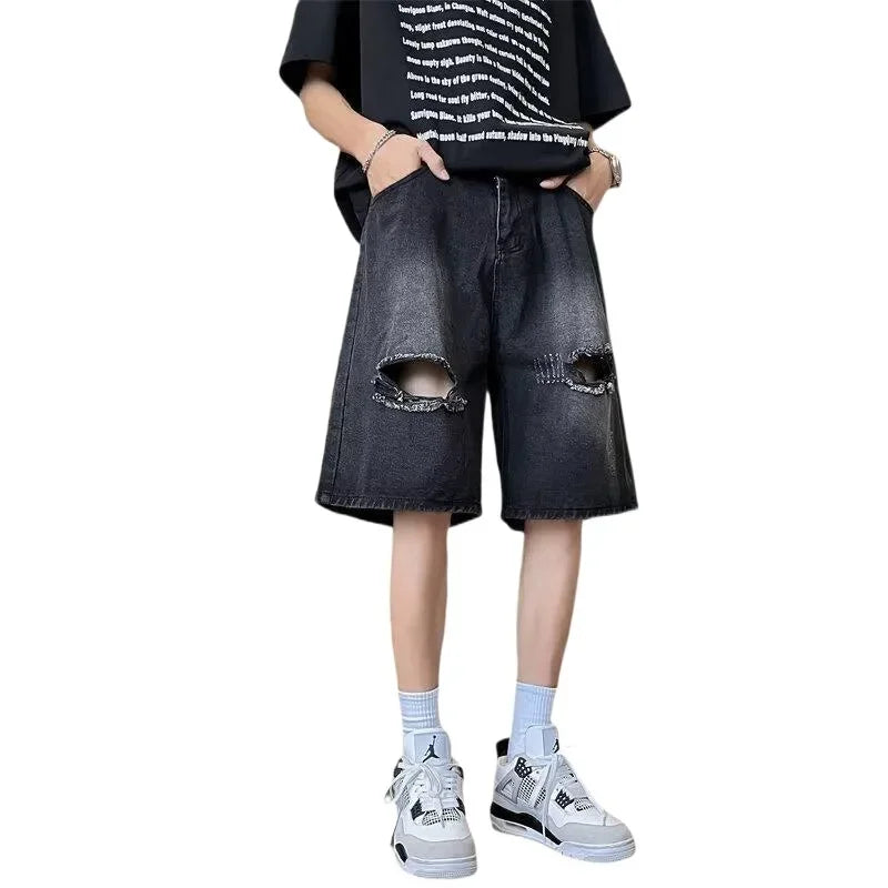 Bonsir American Style Ripped Men's Summer Thin Midwaist Versatile Loose-fit Straight-leg Denim Shorts Five-fourths Shorts