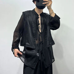 Bonsir Mens Autumn Winter Dark Sexy See-Through Fake Two-Piece Vest New Fashion Printed Stitching Hollow Stand-Up Collar Shirt Unisex