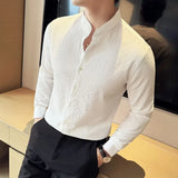 Bonsir Stand-up Collar Long Sleeved Shirt High Quality Men High-end Elastic seersucker Slim Fit Casual Social Party Shirts