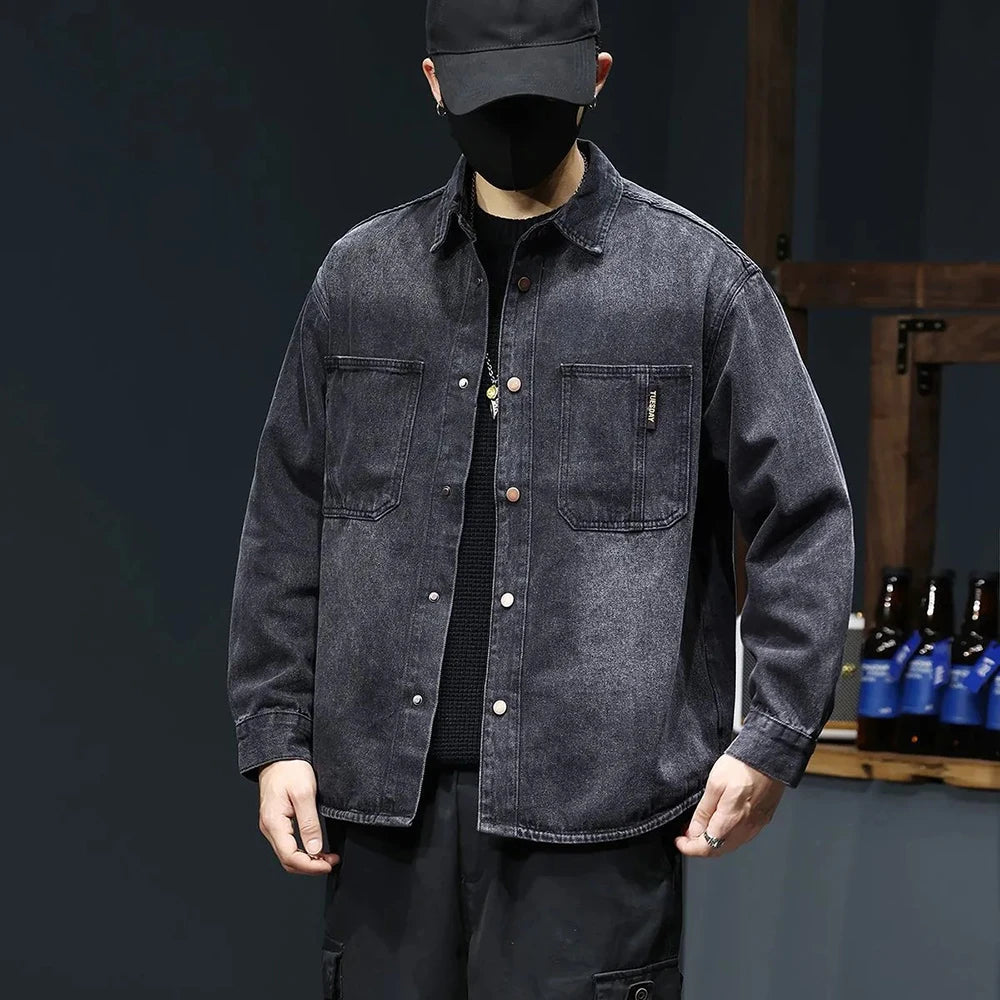 Bonsir Mens Shirt Washed Sunscreen Handsome Denim Long Sleeved Shirt Autumn Casual Daily Harajuku Vintage Cargo Outfit Men’s Clothing