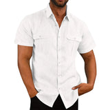BONSIR  -  Casual Men\'s Short Sleeve Shirts And Blouses 2 Pockets Summer Solid Color Baggy Casual Tops Beach Shirt Clothing
