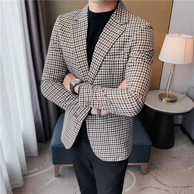 Bonsir British Style Slim Fit Houndstooth Blazer Men Fashion Business Office Wedding Dress Suit Jacket High Quality Male Blazers