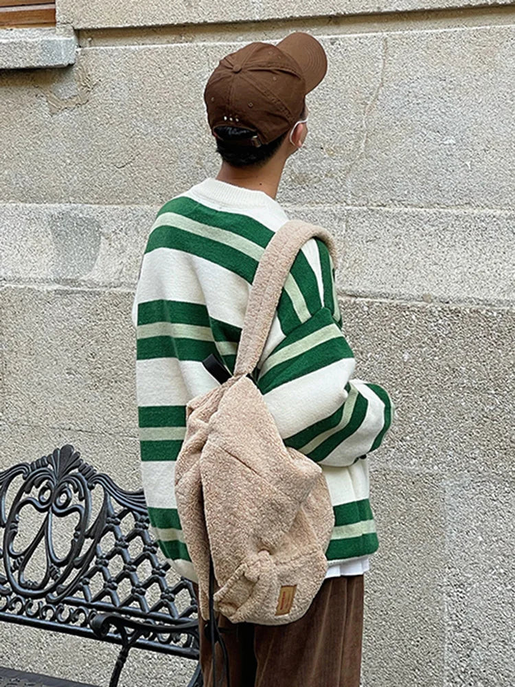 Bonsir -  Green Loose Stripe Design Casual Sweater New Autumn Winter Korean Tide Men's Round Neck Kintting Tops Cvintage 2A0224