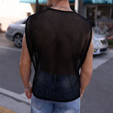 BONSIR  -  Streetwear Mens Mesh Tank Top Sexy Hollow Out See Through Mesh Camisoles Men Sleeveless V Neck Slim Lace-up Vest Tops Nightclub