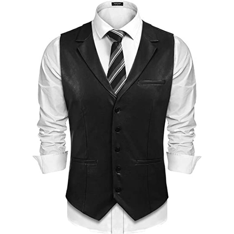 Bonsir Cowboy Leather Waistcoats Men Vintage Lapel Single Breasted PU Vest Coats Men's Clothing Fashion Button Sleeveless Jackets Fall