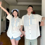 BONSIR  -  Solid Striped Men's Short Sleeved Shirt Summer Colored Button Design Male Blouse Korean Casual Loose and Versatile Top